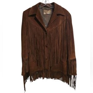 PIONEER WEAR SUEDE LEATHER FRINGED JACKET BROWN VINTAGE 14